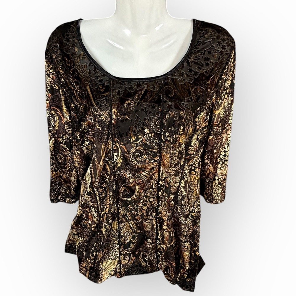 Dressbarn Womens L Brown Black Floral Velvet Burnout 3/4 Sleeve Top Whimsygoth